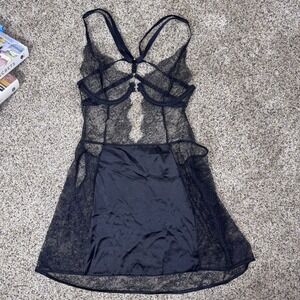 Victoria's Secret Black Lace Strappy Cage Babydoll Slip Rhinestone 34B